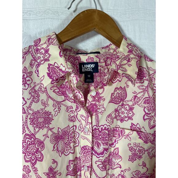 Lands End Button Up Tunic 12 Yellow Pink Floral No Iron Supima - Picture 6 of 12